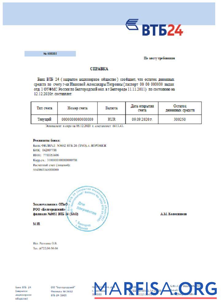 Blank Russia VTB bank reference real example